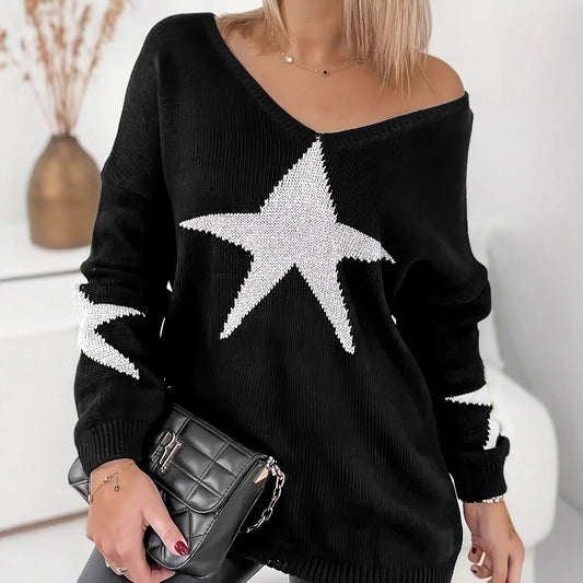 Knitwear V-neck Five-pointed Star Long Sleeve Loose Casual Sweater