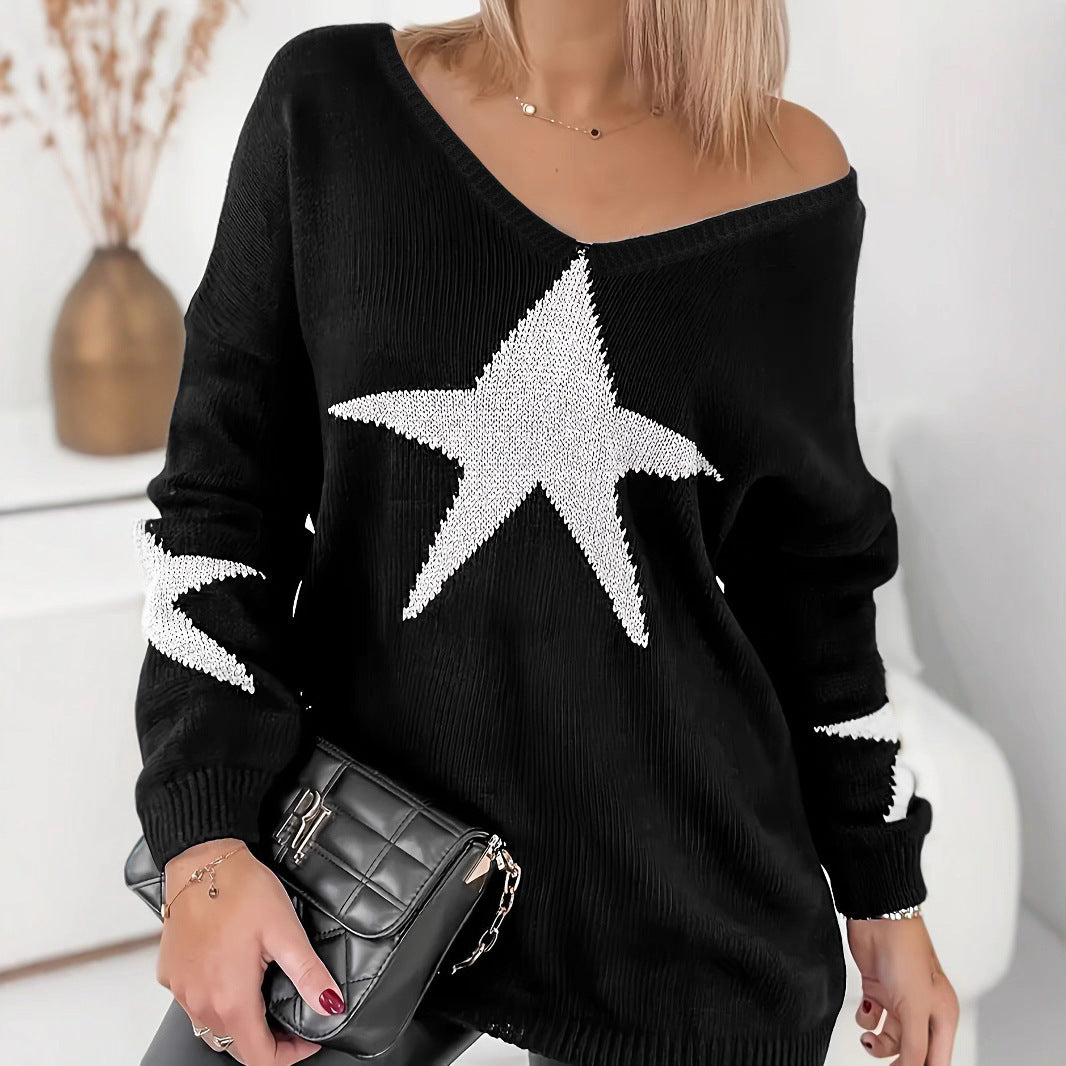 Knitwear V-neck Five-pointed Star Long Sleeve Loose Casual Sweater