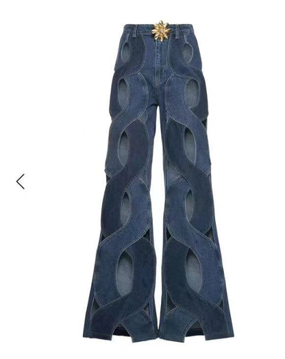 Frauen Streetwear Ausschnitt Aushöhlen Criss Cross Gerade Flare Denim Hosen