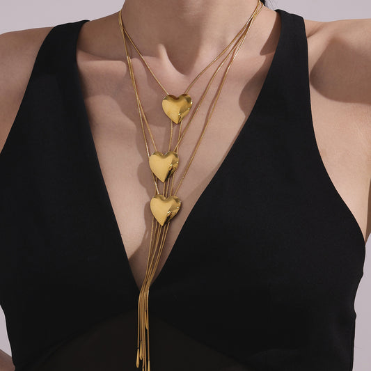 Stainless Steel Glossy Heart Pull-out Long Necklace