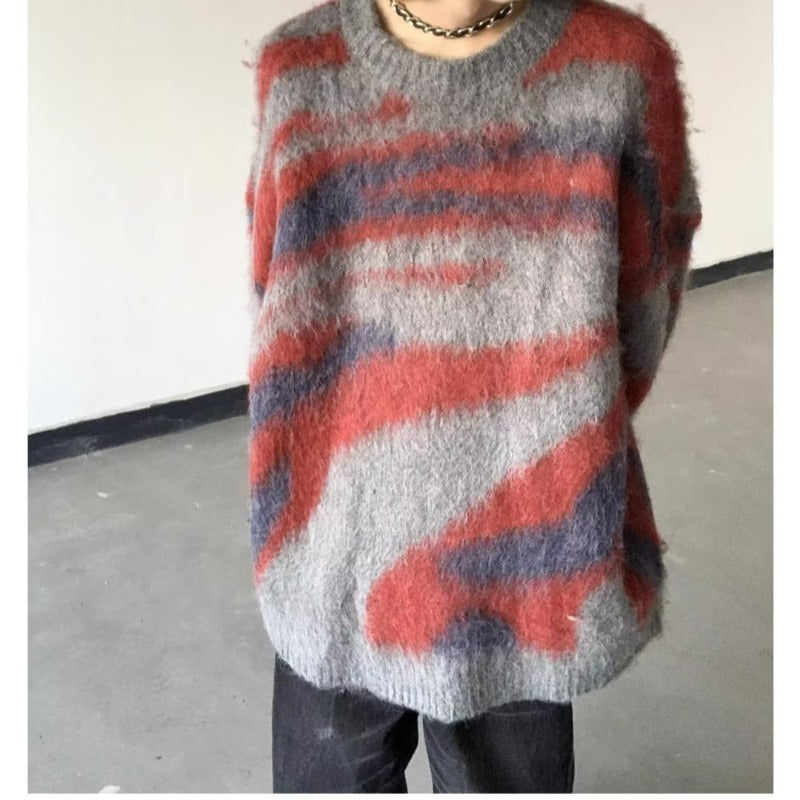 Contrast Color Stripes Idle Style Winter Loose Retro New Mohair Knitwear Sweater