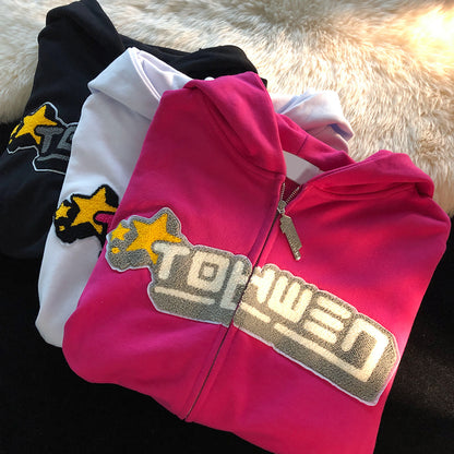 Sudadera con capucha y bordado de letras para mujer, suéter holgado de flocado alto