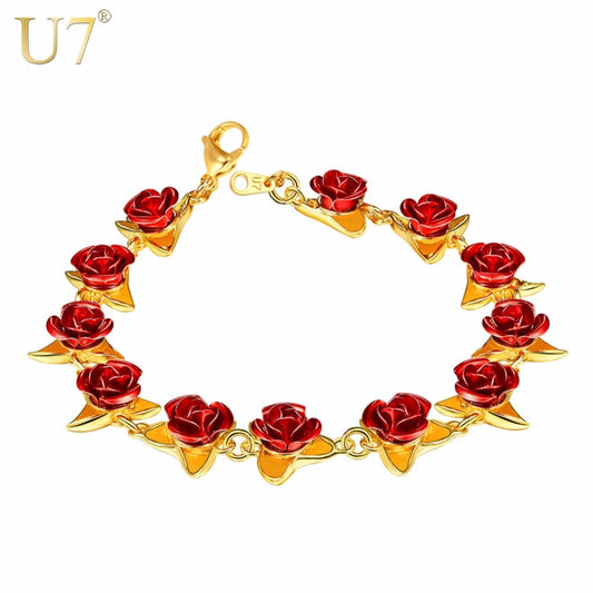U7 Bracelet Red Rose Flowers Wrist Chain Charm Mother's Day Gift For Women Wedding Party Jewelry Bridesmaid Bracelets