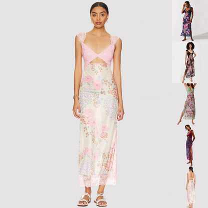 Schlankes Kleid mit V-Ausschnitt und Spitze und Schulterriemen, Nähte, Blumendruck, lange Kleider, Sommer-Damenbekleidung