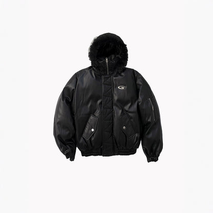 Chaqueta de algodón con capucha de cuero sintético, cálida y holgada.