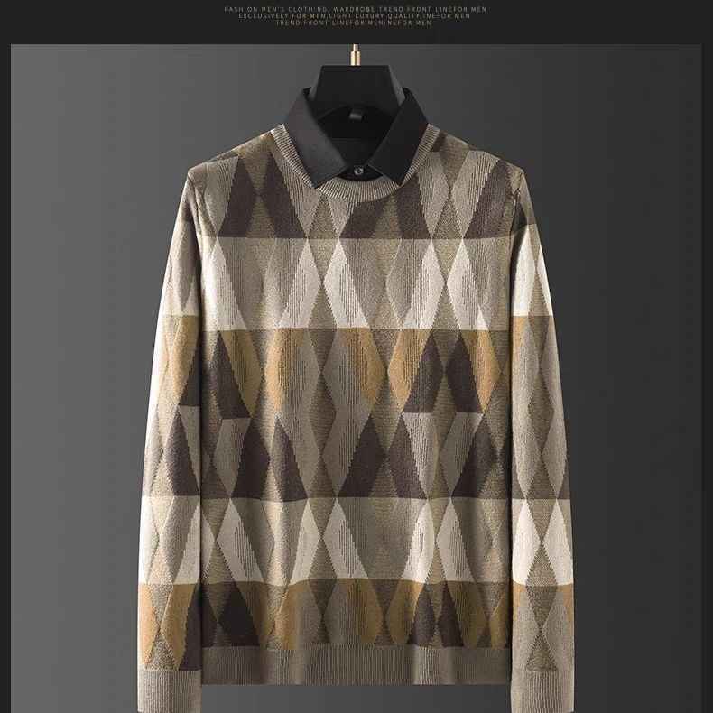 Camisa cálida de dos piezas para hombre con diseño de celosía de diamantes de colores contrastantes