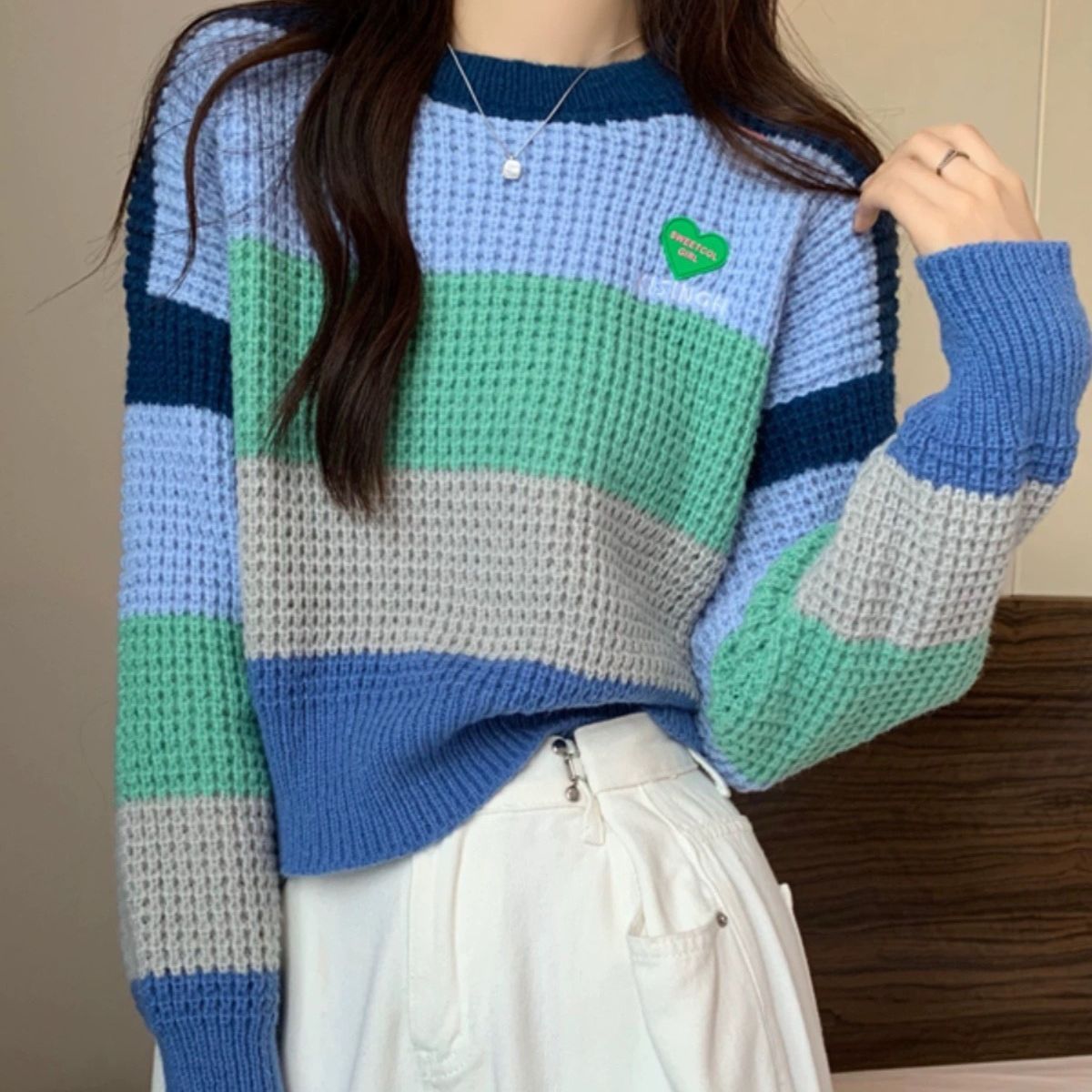 Loose Color Matching Knitwear Pullover Stripe Rainbow Sweater For Women