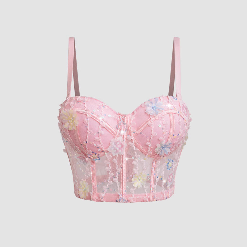 Women's Bra Set Ultra-thin Mesh Fishbone Steel Ring Gathered Embroidered Underwear