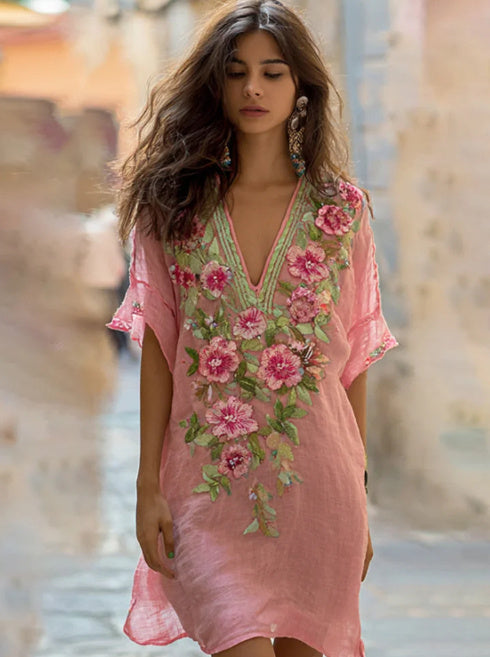 Bohemian Style Tie-dye Gradient V-neck Mini Dress