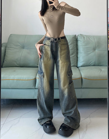 Pantalones vaqueros rectos de pernera ancha con bolsillo de American Workwear para mujer