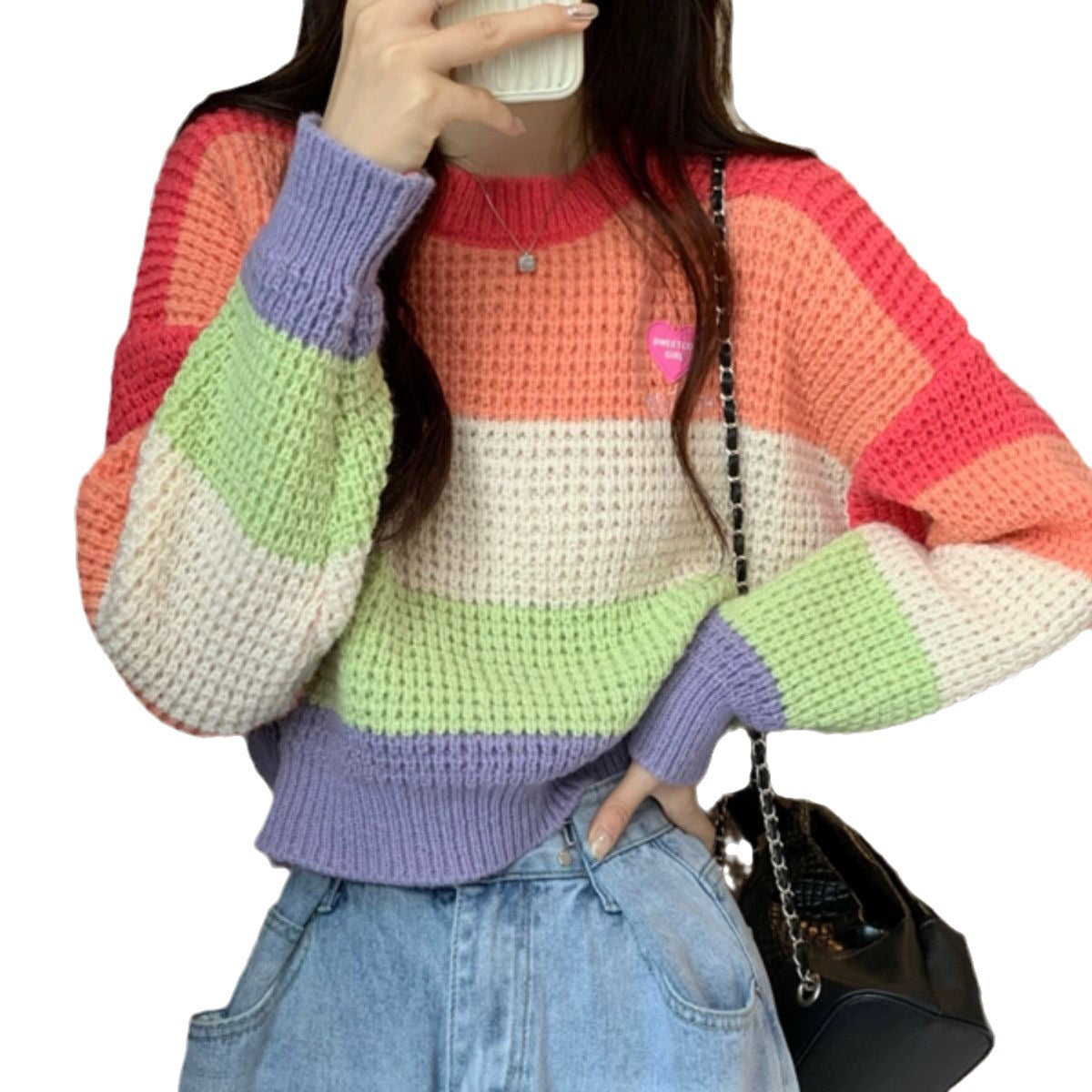 Loose Color Matching Knitwear Pullover Stripe Rainbow Sweater For Women