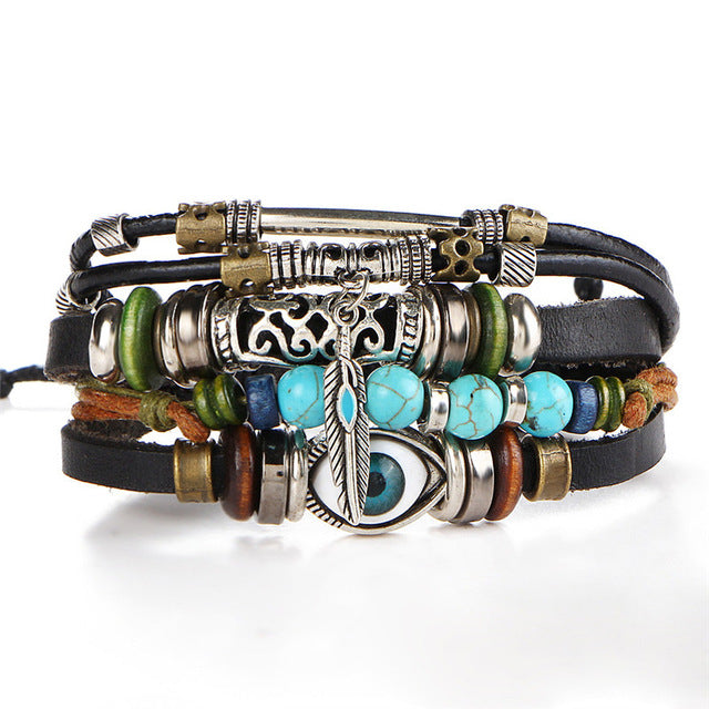 2 pcs Tibet Stone Feather Multilayer Leather Bracelet Eye Fish Charms Beads Bracelets for Men Vintage Punk Wrap Wristband