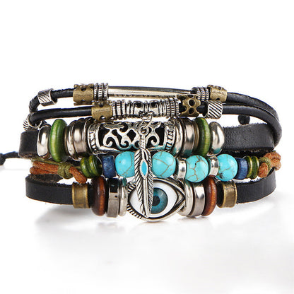 Pulsera de cuero multicapa con plumas de piedra tibetana para hombre, 2 unidades, con cuentas de ojo de pez, estilo punk vintage.