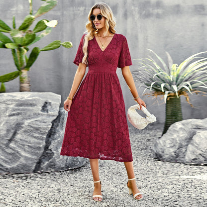 Mode V-Ausschnitt Spitzenkleid Sommer Elegante Kurzarm Lange Kleider für Frauen