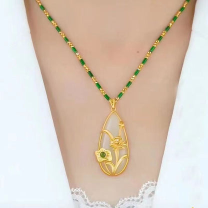 Collar con colgante de gota de agua para mujer, hoja de loto, estilo retro, elegante, cadena para clavícula.