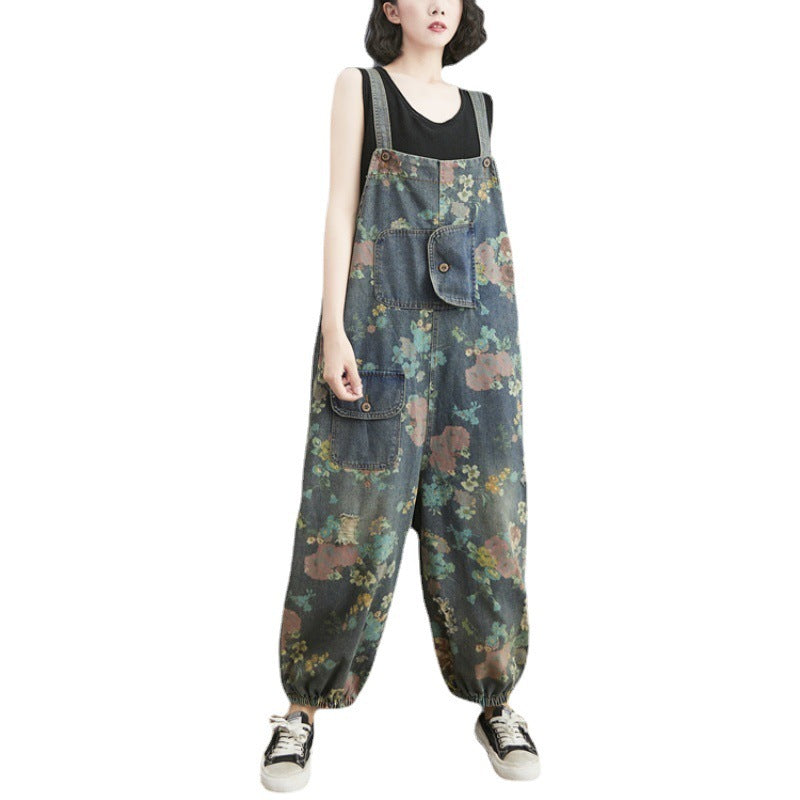 Western-style Large Denim Suspenders Loose Slimming One-piece Pants Women