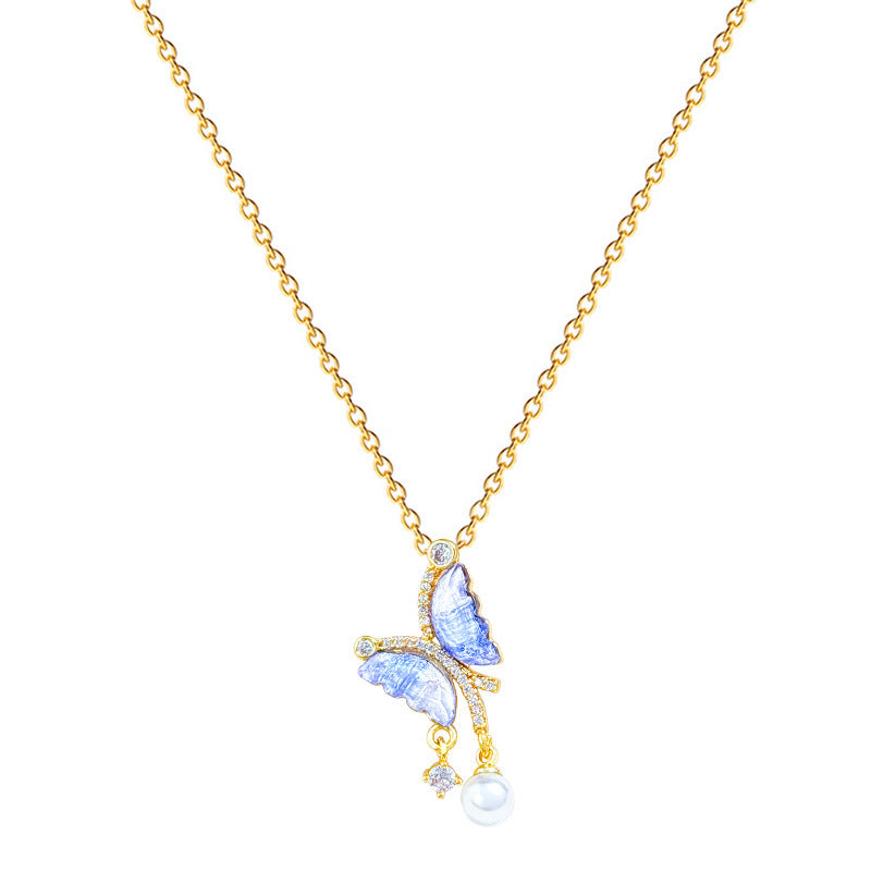 Blue Butterfly Pearl Full Diamond Necklace Women