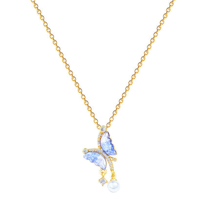 Collar de perlas y mariposas azules con diamantes para mujer