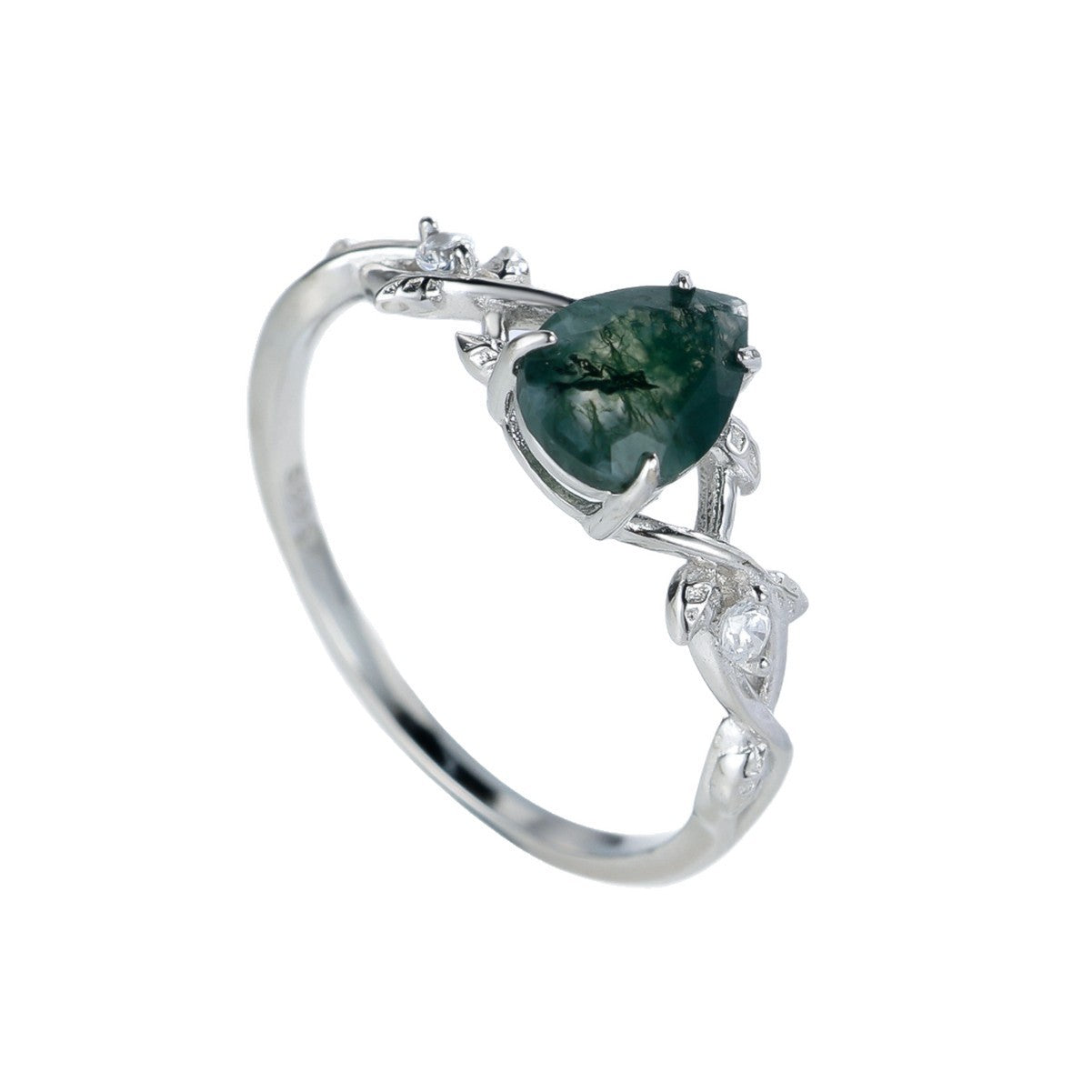 S925 Silver Drop-shaped Agate Edge Branch Leaf Ring