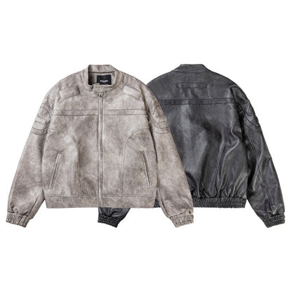 Chaqueta de cuero sintético jaspeado con cuello alto para motocicleta