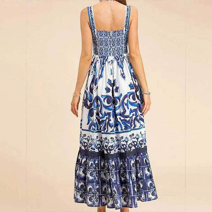 Bedrucktes ärmelloses Kleid, modisches Temperament, Spaghetti-Taille, große Saumkleider für Damen