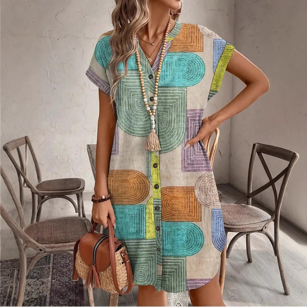 Geometric print V-neck dress for women