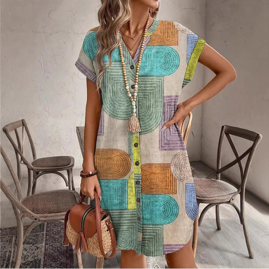 Geometric print V-neck dress for women