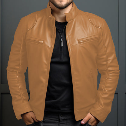 Chaqueta de cuero para motociclista con cuello alto para hombre