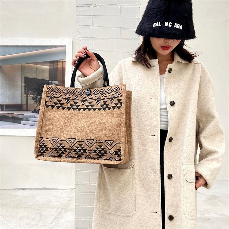 Linen Tote Bag Korean Composite Jute Bag Fashion One-Shoulder Shopping Bag