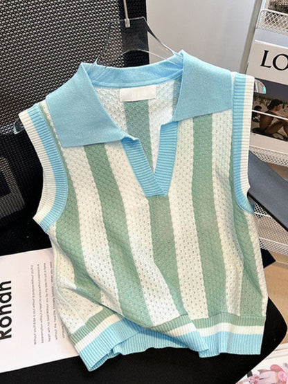 Jersey de punto sin mangas con cuello polo y rayas de colores en contraste para mujer