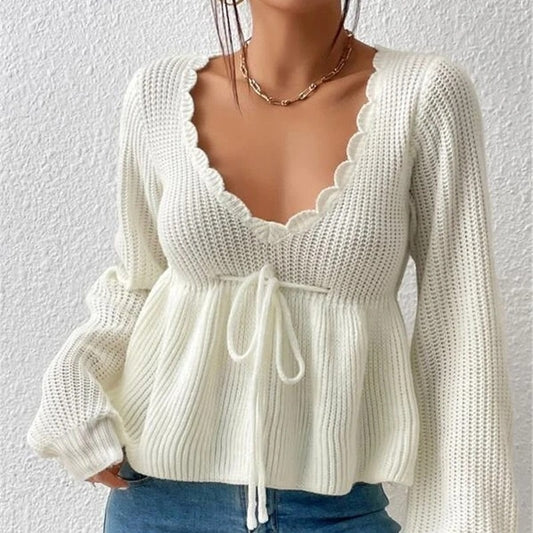 Women's V-neck Lace-up Knitwear Casual Long-sleeved Top European And American Sweater