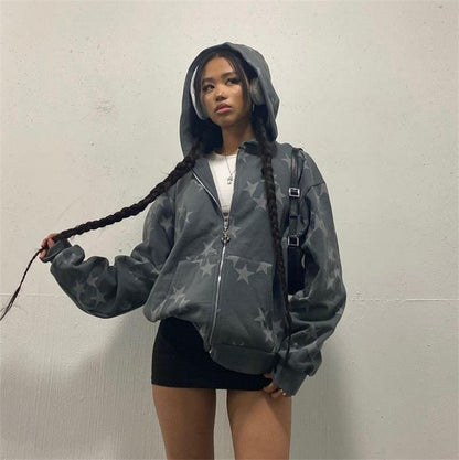 Cárdigan con capucha y cremallera con estampado de estrellas para parejas, ropa de abrigo de moda, sudadera con capucha, abrigo de calle para hombres y mujeres