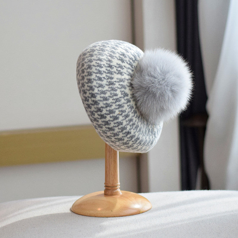 Women's Autumn And Winter Fox Fur Ball Knitted Octagonal Cap