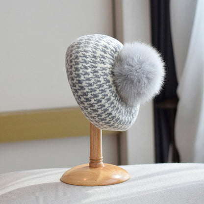 Gorro octogonal de punto con bola de pelo de zorro para mujer, otoño e invierno