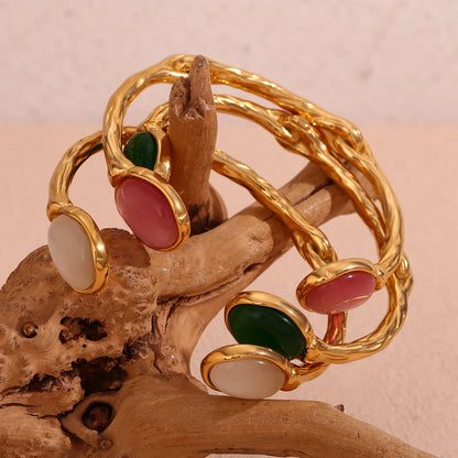 Ovales Naturstein-Armband, offen, unregelmäßig, grüner Achat, rosa Kristall, 18 Karat vergoldet, 316L Edelstahl, Armbänder für Frauen 