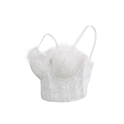 Eng anliegendes Camisole mit Schnürung hinten, Feder- und Strassverzierungen