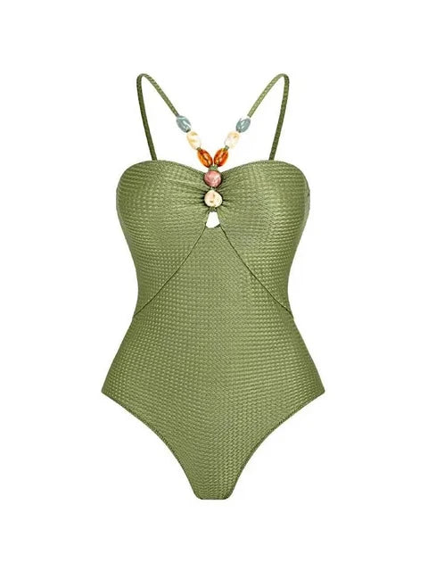 Body de una pieza con cuello adornado y tirantes para el hombro, color verde, con estampado de hojas, para vacaciones, informal, para playa y verano