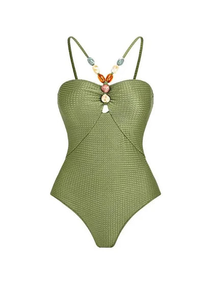 Body de una pieza con cuello adornado y tirantes para el hombro, color verde, con estampado de hojas, para vacaciones, informal, para playa y verano