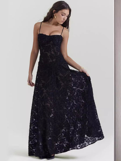 Vestido de verano largo con tirantes y encaje de flores, sexy, con espalda estrecha y cordones, para fiesta, noche y club.