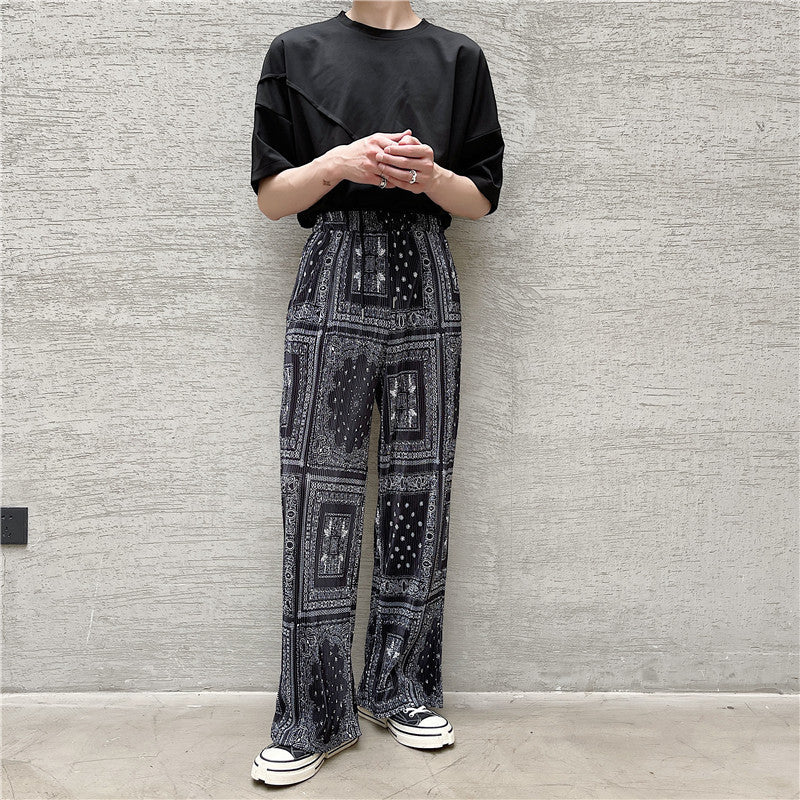 Ethnic Tide Paisley Floral Pressed Pleated Casual Pants Men - BAGMODA