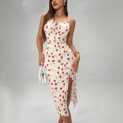 Vestido largo ajustado con cordones y estampado de verano para mujer