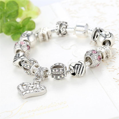 Pulsera de plata 925 con cristales y dijes únicos para mujer. Pulseras y brazaletes de cuentas DIY.