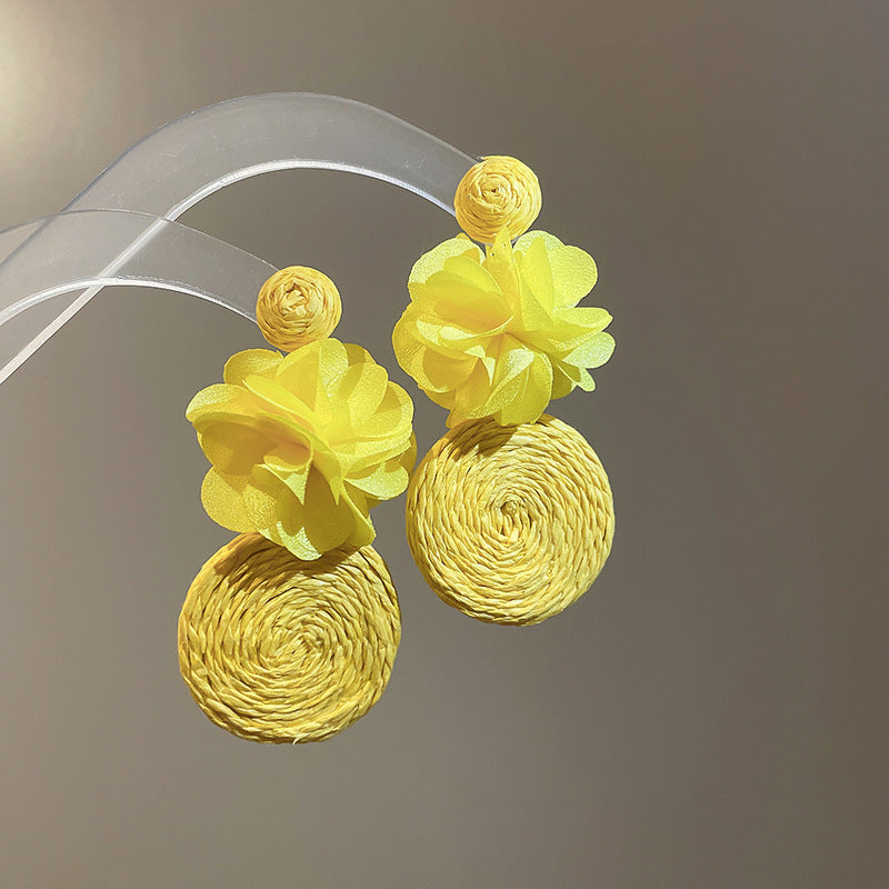 Silver Needle Fabric Flower Pendant Earrings For Women