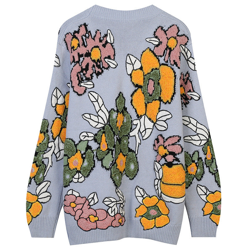 Knitted Women Floral Sweater Long Sleeve Knitwear Casual Loose Outwear Female Jacquard Tops
