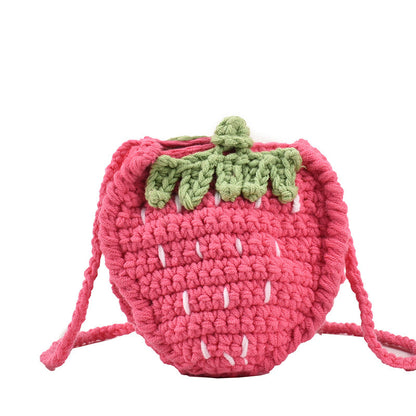 Bolso bandolera infantil de lana con forma de fresa, tejido a mano