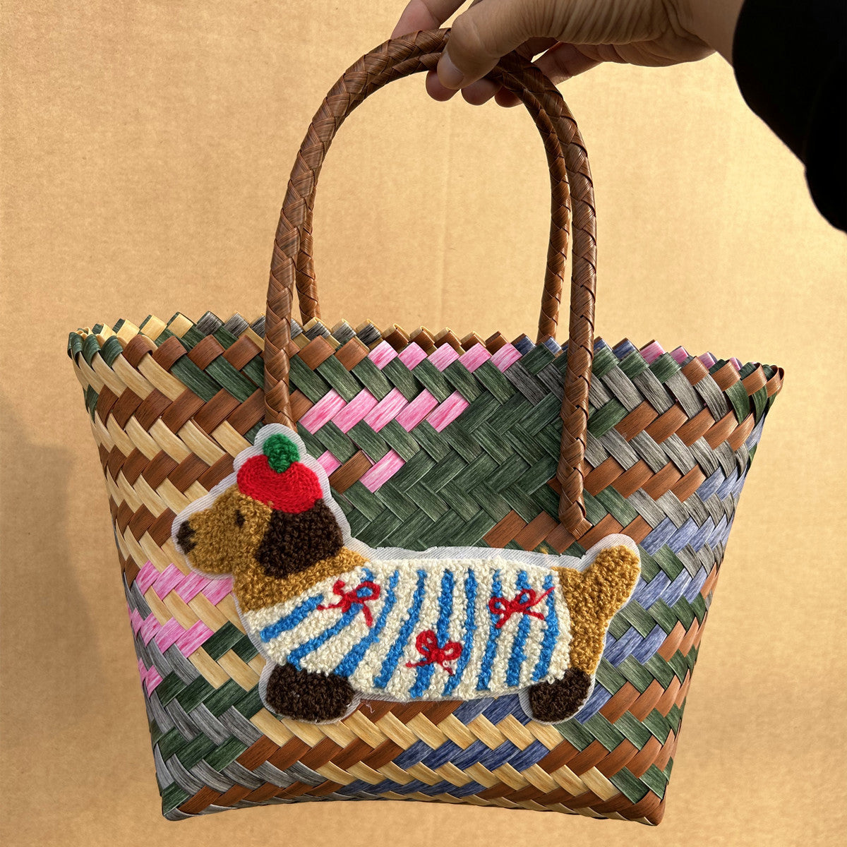 Vintage Stripe Sausage Dog Woven Bag