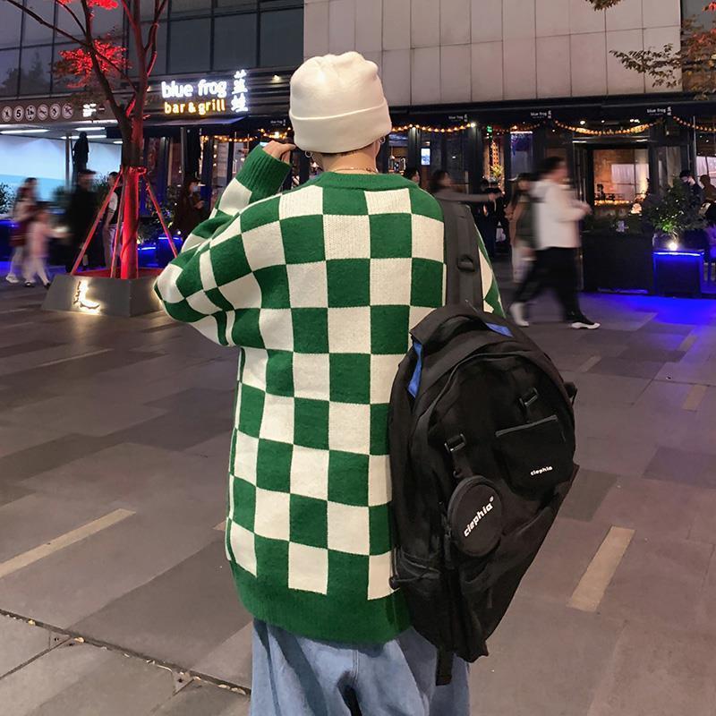 Autumn And Winter Loose Chessboard Round Neck Sweater Male