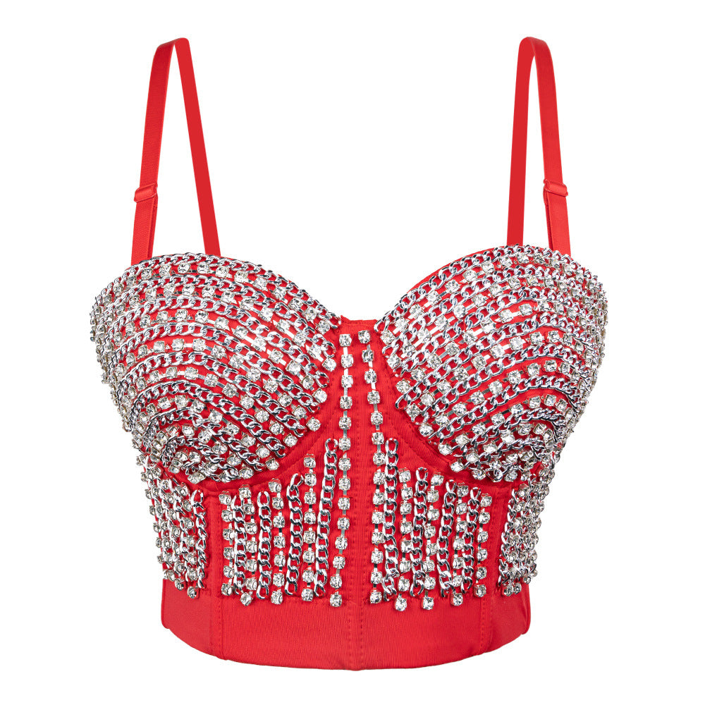 Sexy Waist-Baring Chain Decorated Mini Camisole Bralette with Boning Design