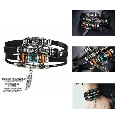 Pulsera de cuero multicapa con plumas de piedra tibetana para hombre, 2 unidades, con cuentas de ojo de pez, estilo punk vintage.
