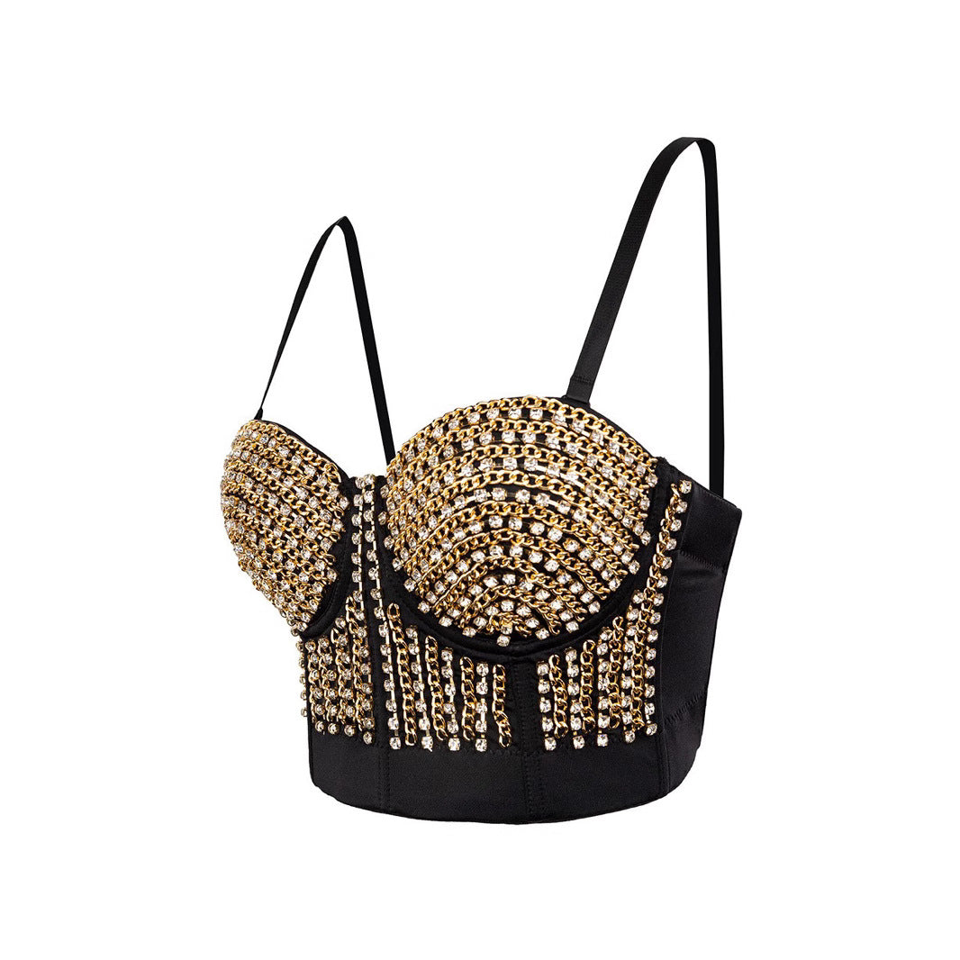 Sexy Waist-Baring Chain Decorated Mini Camisole Bralette with Boning Design
